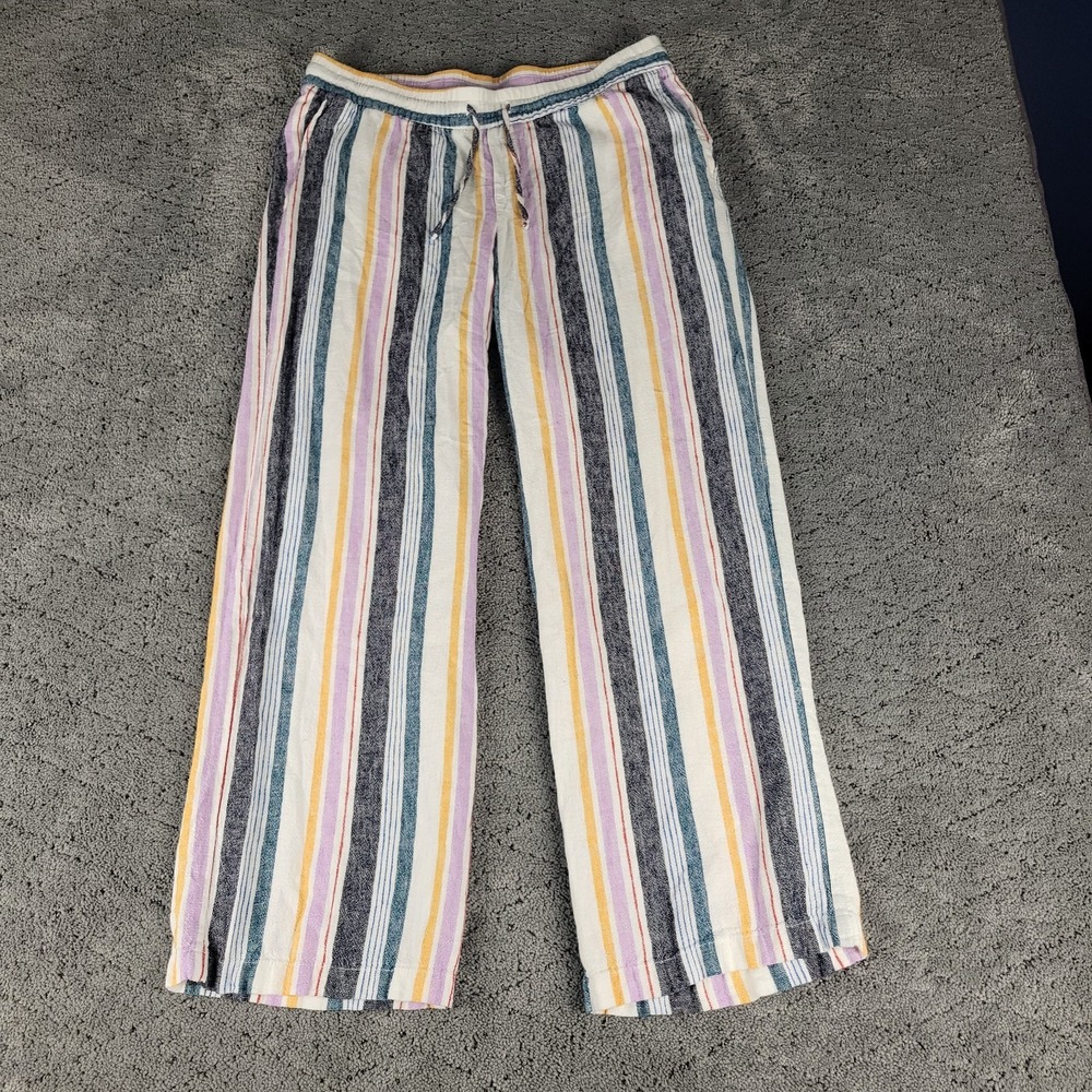 Old Navy Pants Womens M Striped Linen Blend Pull On Wide Leg Flowy Relaxed Beach